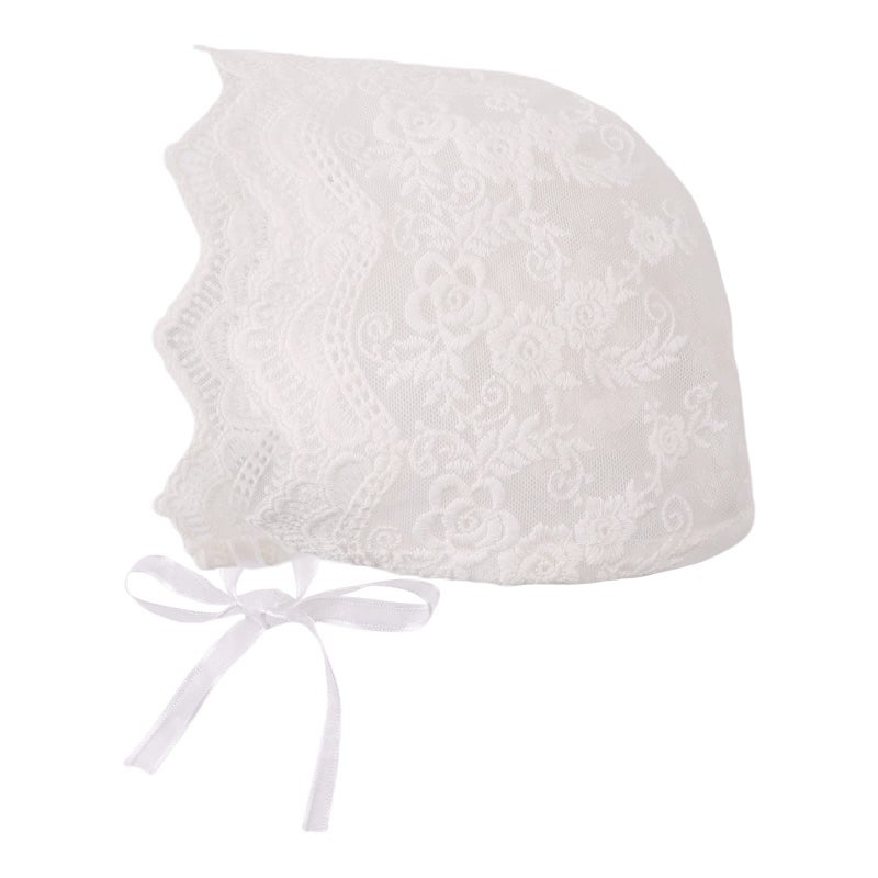 Zsedrut Baby Girl Bonnet Eyelet Lace Cotton Christening Bonnet Toddler Handmade Beanie Sun Protection Hat, White Wave, 0-6 Months - Image 1