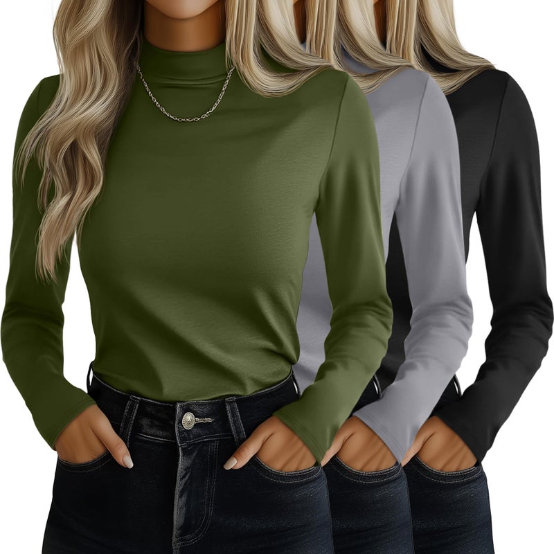 Ficerd 3 Pack Womens Mock Turtleneck Shirts Long Sleeve Mock Neck Pullover Tops Slim Fitted Stretch Undershirt Tee BlouseBlack Army Green Light GrayLarge - Image 2