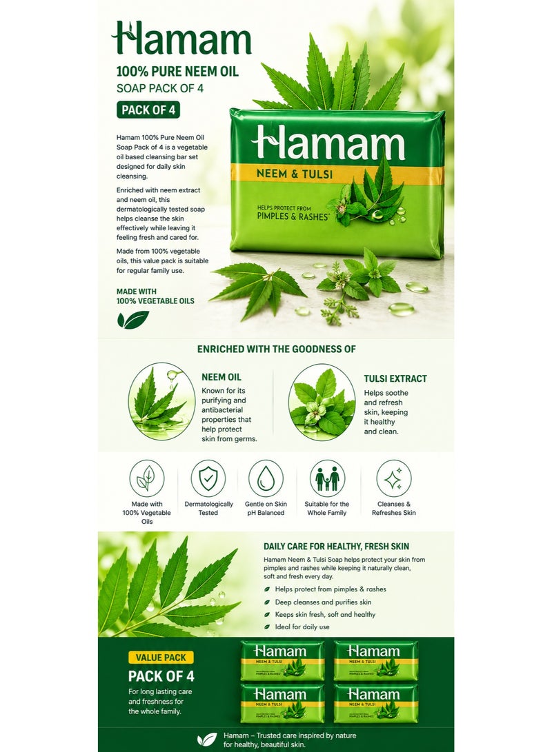 Hamam 100% Pure Neem Oil Soap 150g Pack of 4 Dermatologically Tested Vegetable Oil Based Bar Soap - Image 4