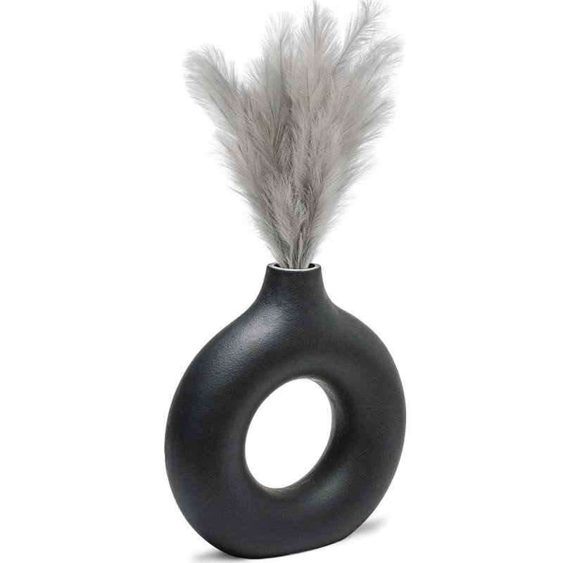 CEMABT Donut Vase Black Hollow Ceramic Vase for Flowers Handmade Minimalist Boho Style Decor for Wedding Dinner Table Party Living Room Office Bedroom