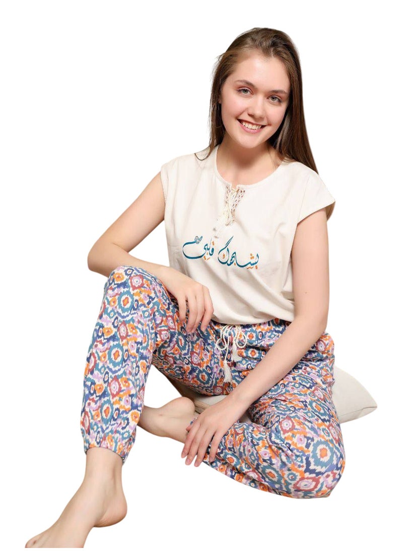 بيجامة صيفي نص كم خامة قطن للنساء بيج سايز  - Image 3