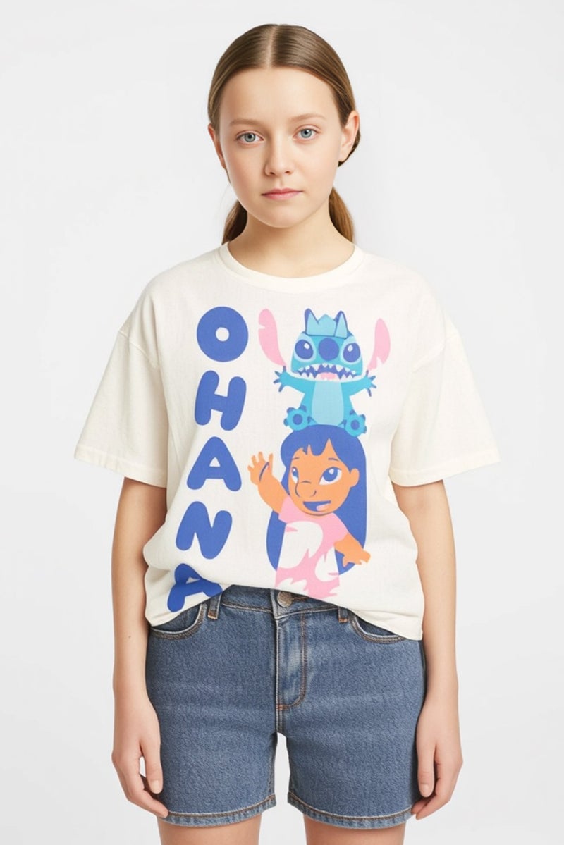 Disney Kids Girl Crew Neck Short Sleeves Graphic Print T-Shirt, Cream - Image 1