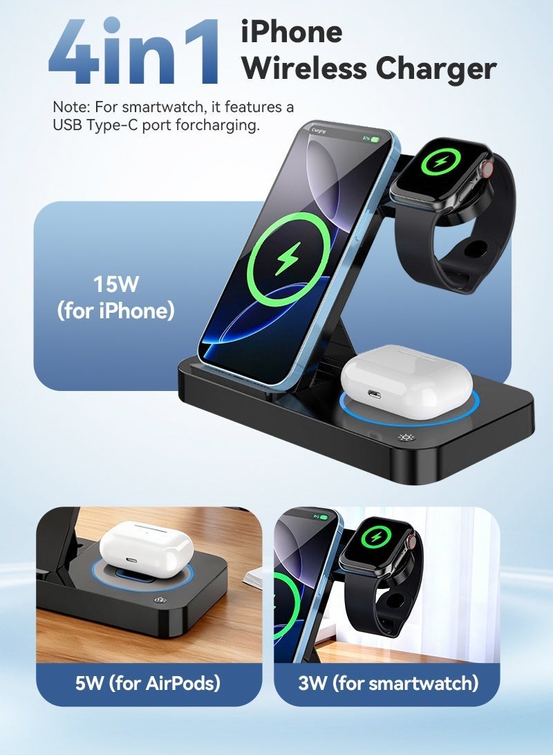 Neyecam 15W 4-in-1 Foldable Wireless Charging Station, Qi Fast Charger Dock for iPhone, AirPods, Apple Watch, Huawei GT & Xiaomi Smartwatch, Compatible with All Qi-Enabled Phones & Earbuds - Image 2