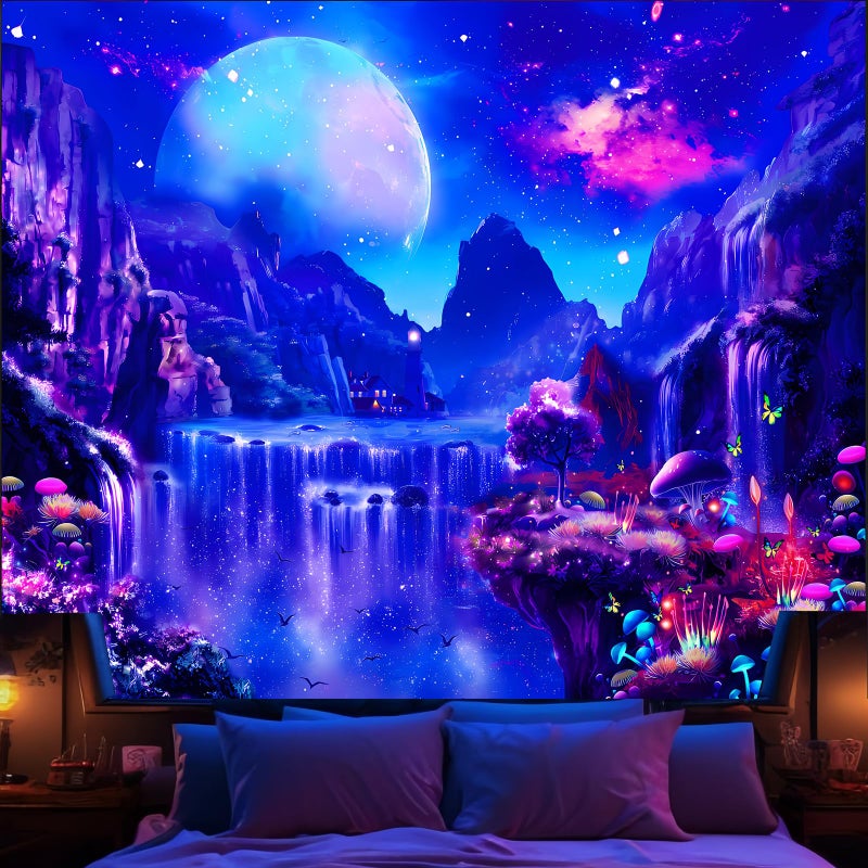 Avinyl Blacklight Space Tapestry for Bedroom Black Light Moon and Mushroom Large Tapestries 60 x 79 Glow In The Dark Fantasy Waterfall Landscape Wall Hanging for Living Room Dorm Decor