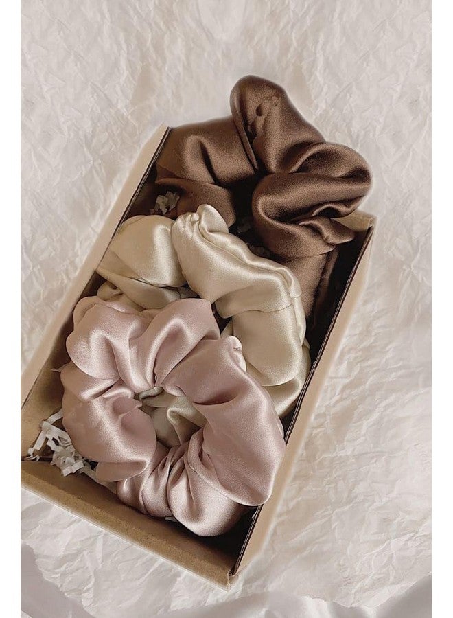 Space Fly Silk Satin Hair Scrunchies for Women - Stylish & Comfortable Hair Ties for Girls, Big & Small Sizes, For All Hair Types, Scrunchies Set of 4 (Pyaazi, Cream, Silver, Brown) - Image 5