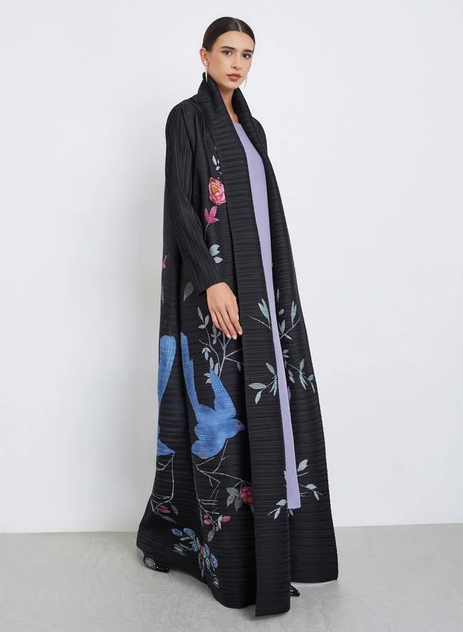 تايك تو عباية محبوكة بكسرات بطبعة زهور وأكمام طويلة