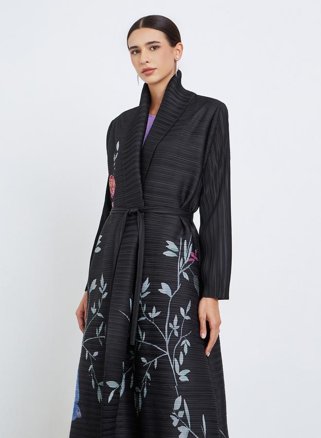Take Two Floral Printed Textured Pleated Long Sleeve Abaya - Image 3