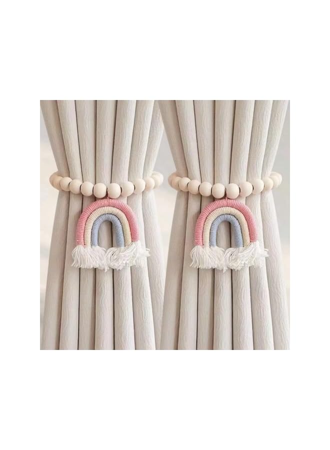 The Bros 2PCS Magnetic Curtain Holders with Tricolor Rainbow Tassel Pendant, Boho Curtain Tiebacks Woodbead Curtain Holdbacks Home Decoration - Image 2