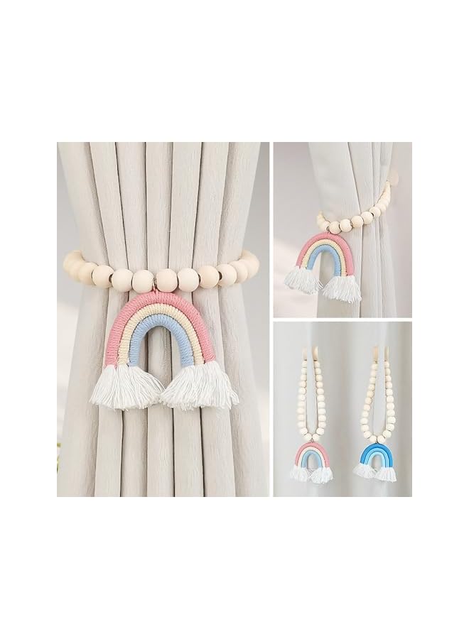 The Bros 2PCS Magnetic Curtain Holders with Tricolor Rainbow Tassel Pendant, Boho Curtain Tiebacks Woodbead Curtain Holdbacks Home Decoration - Image 5