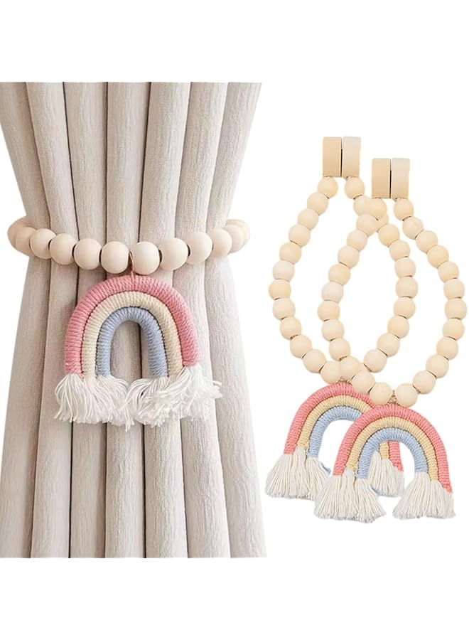 The Bros 2PCS Magnetic Curtain Holders with Tricolor Rainbow Tassel Pendant, Boho Curtain Tiebacks Woodbead Curtain Holdbacks Home Decoration - Image 1