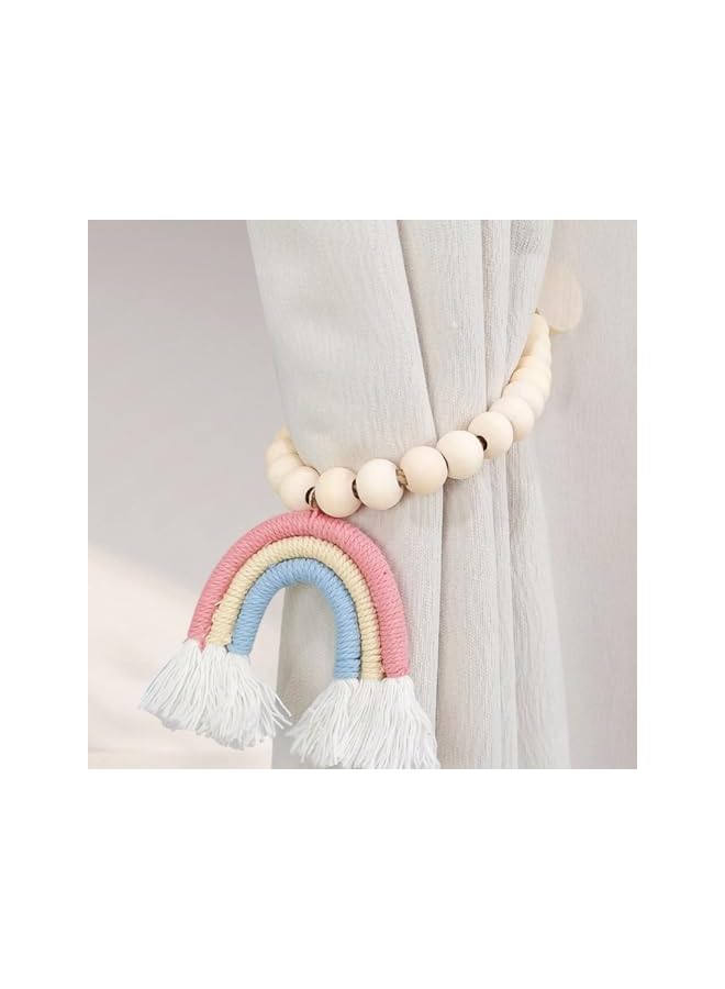 The Bros 2PCS Magnetic Curtain Holders with Tricolor Rainbow Tassel Pendant, Boho Curtain Tiebacks Woodbead Curtain Holdbacks Home Decoration - Image 3