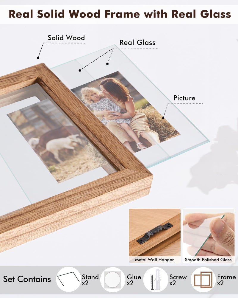 DLQuarts 5x7 Floating Picture Frames for 4x6/3.5x5 Photos, 2-Pack Solid Wood Double Polished Glass Floating Frame for Wall & Tabletop, Postcards and Any Size Photo up to 5x7 Display, Carbonized Wood - Image 5