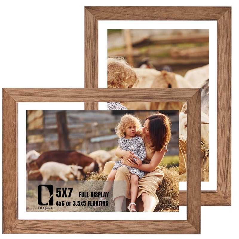 DLQuarts 5x7 Floating Picture Frames for 4x6/3.5x5 Photos, 2-Pack Solid Wood Double Polished Glass Floating Frame for Wall & Tabletop, Postcards and Any Size Photo up to 5x7 Display, Carbonized Wood - Image 1