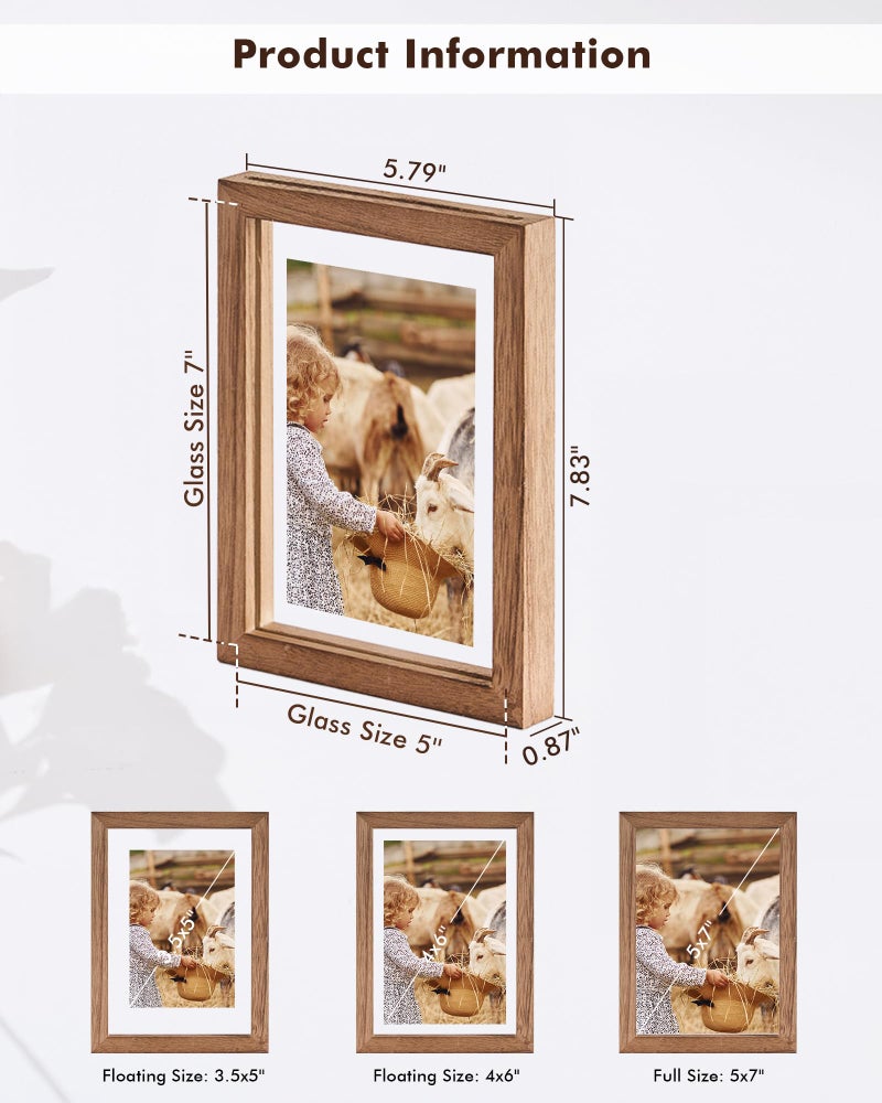 DLQuarts 5x7 Floating Picture Frames for 4x6/3.5x5 Photos, 2-Pack Solid Wood Double Polished Glass Floating Frame for Wall & Tabletop, Postcards and Any Size Photo up to 5x7 Display, Carbonized Wood - Image 3