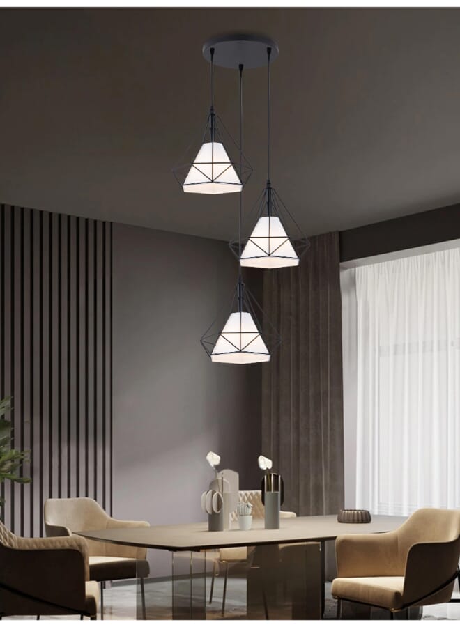 Best Power Modern Geometric Pendant Light 6145-3 – Industrial Black Metal Frame with White Shade, E27 Bulb Socket, Adjustable Hanging Length (75cm), Ideal for Living Room, Dining Room, and Kitchen - Image 1