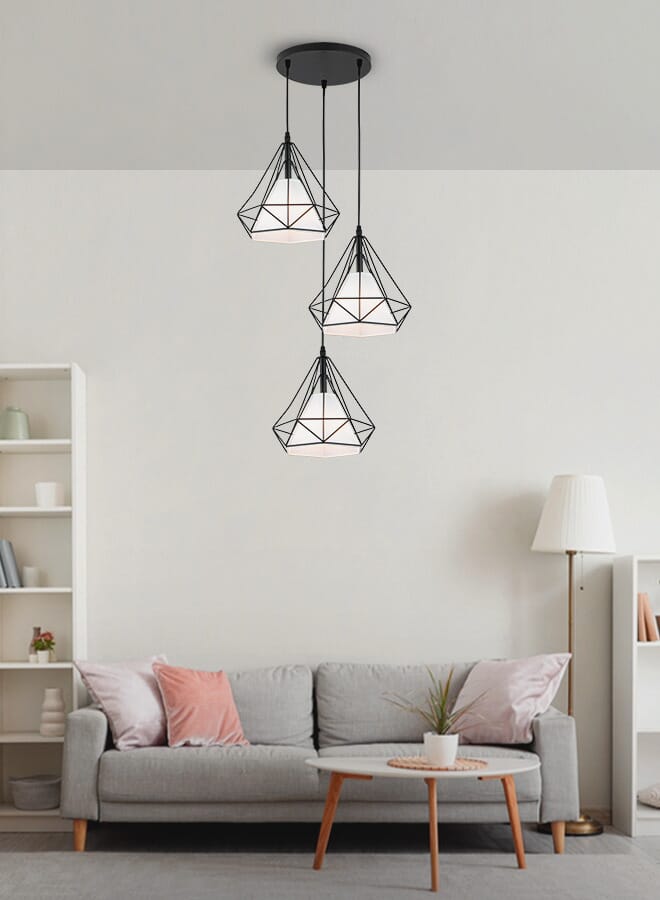 Best Power Modern Geometric Pendant Light 6145-3 – Industrial Black Metal Frame with White Shade, E27 Bulb Socket, Adjustable Hanging Length (75cm), Ideal for Living Room, Dining Room, and Kitchen - Image 2