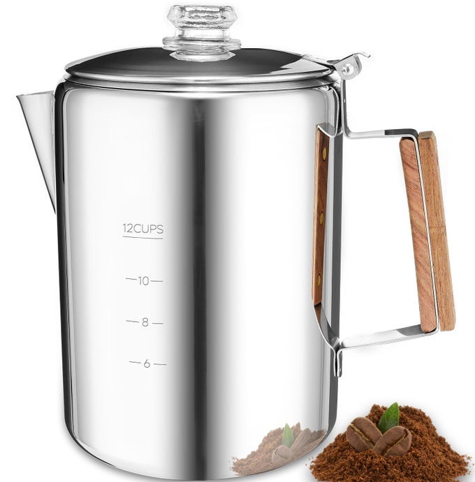 CAMPING PERCOLATOR COFFEE POT 12 CUP STOVE TOP COFFEE PERCOLATOR NON ELECTRIC COFFEE MAKER CAMPING STAINLESS STEEL COFFEE POT OUTDOORS HOME NO ALUMINUM PLASTIC FAST BREW
