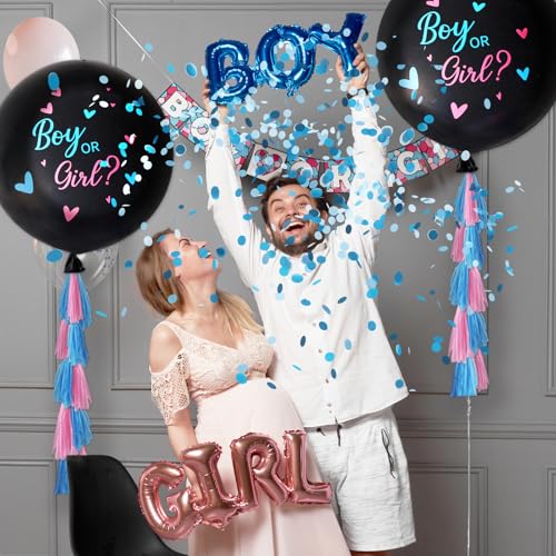 RUBFAC Gender Reveal Balloon Kit, 2pcs 36" Jumbo Black Baby Boy or Girl Balloons with Heart Shaped Paper Confetti, Blue Pink Balloons and Tassels for Baby Shower Gender Reveal Party - Image 5
