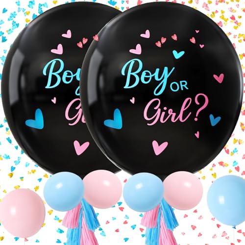 RUBFAC Gender Reveal Balloon Kit, 2pcs 36" Jumbo Black Baby Boy or Girl Balloons with Heart Shaped Paper Confetti, Blue Pink Balloons and Tassels for Baby Shower Gender Reveal Party - Image 1