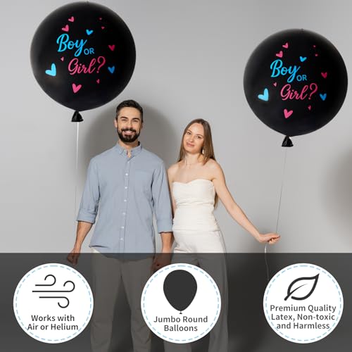 RUBFAC Gender Reveal Balloon Kit, 2pcs 36" Jumbo Black Baby Boy or Girl Balloons with Heart Shaped Paper Confetti, Blue Pink Balloons and Tassels for Baby Shower Gender Reveal Party - Image 3