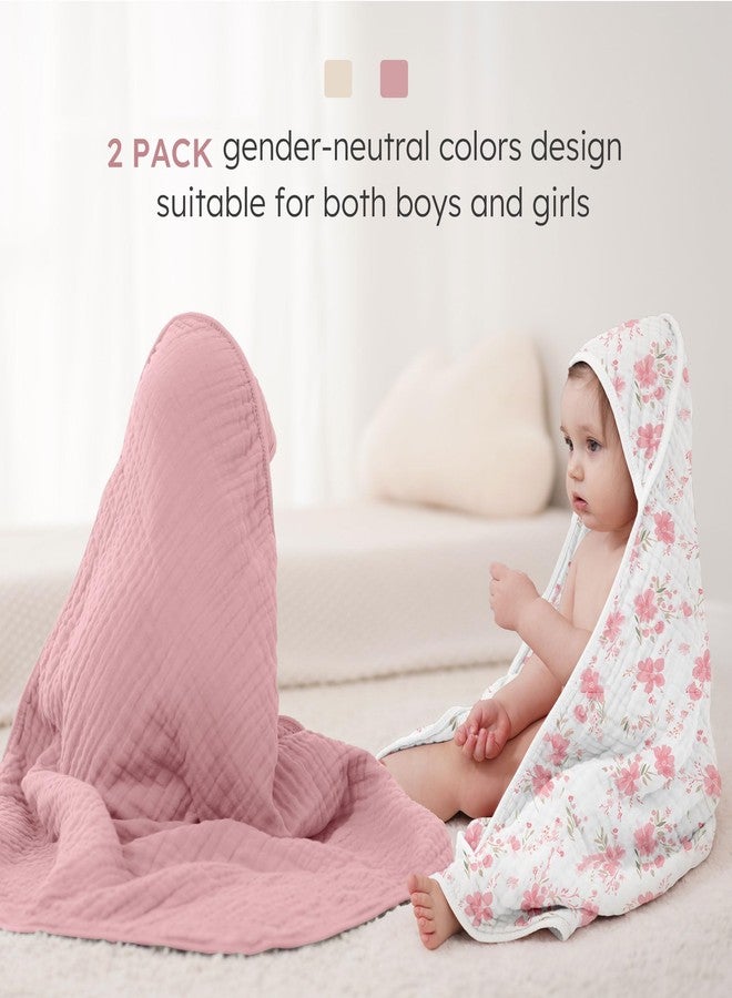 Looxii Baby Bath Towels 2 Pack Muslin Hooded Baby Towels for Newborn and Infants, 100% Cotton, Large 32x32Inch, Soft and Absorbent Pink+Flowers - Image 2