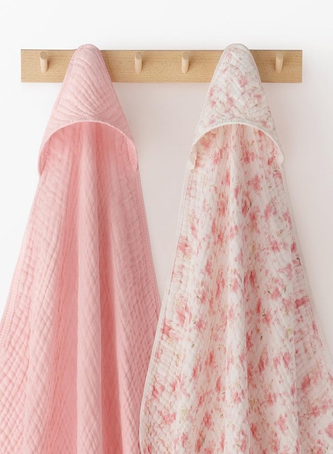 Looxii Baby Bath Towels 2 Pack Muslin Hooded Baby Towels for Newborn and Infants, 100% Cotton, Large 32x32Inch, Soft and Absorbent Pink+Flowers - Image 1