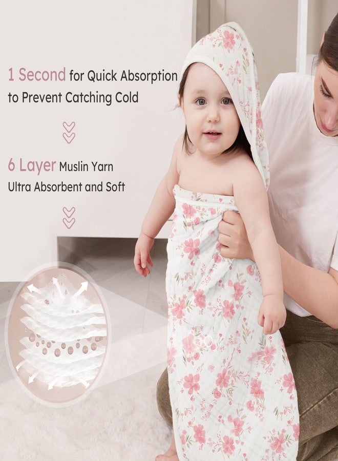 Looxii Baby Bath Towels 2 Pack Muslin Hooded Baby Towels for Newborn and Infants, 100% Cotton, Large 32x32Inch, Soft and Absorbent Pink+Flowers - Image 3
