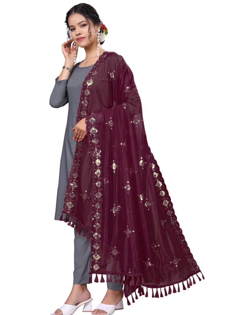 KEMZA Organza Embroidered Mirror Work Dupatta with Lace & Tassels Border for Women & Girls (Wine, Free size) - Image 3