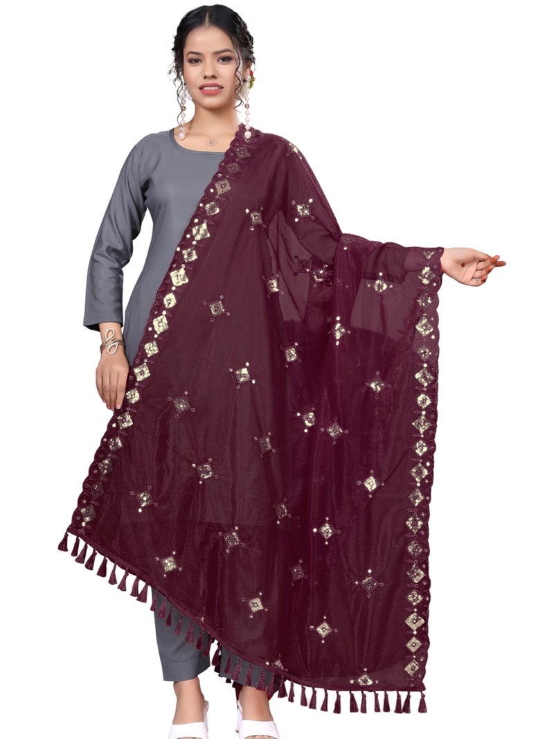 KEMZA Organza Embroidered Mirror Work Dupatta with Lace & Tassels Border for Women & Girls (Wine, Free size) - Image 1