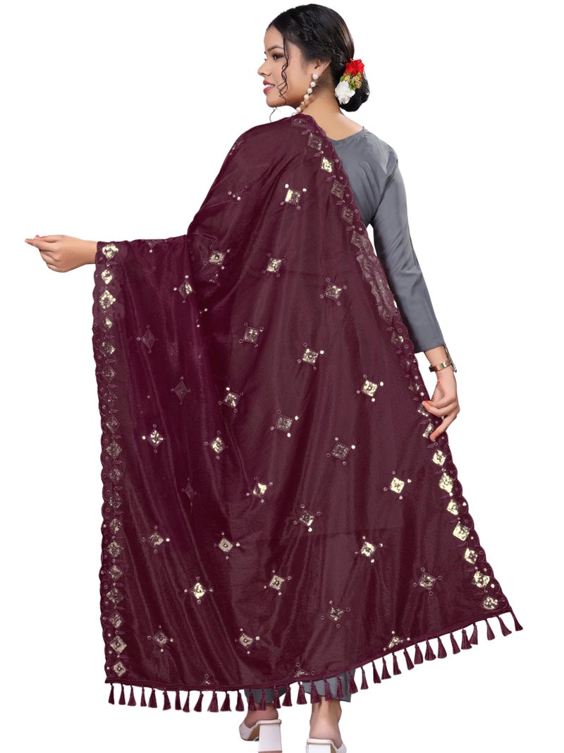 KEMZA Organza Embroidered Mirror Work Dupatta with Lace & Tassels Border for Women & Girls (Wine, Free size) - Image 4