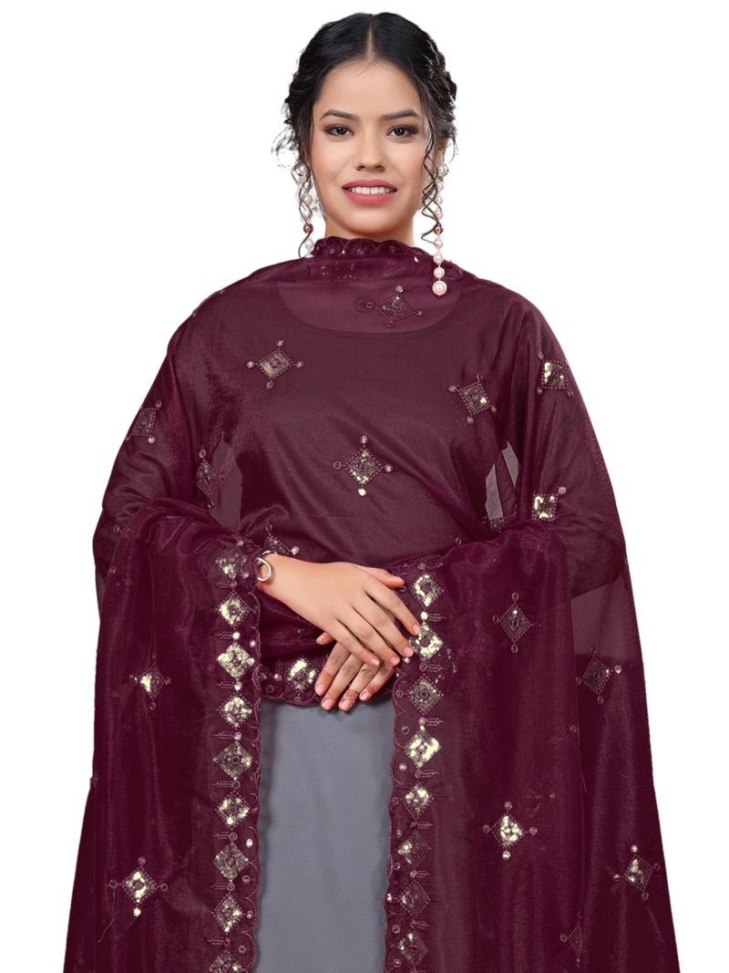KEMZA Organza Embroidered Mirror Work Dupatta with Lace & Tassels Border for Women & Girls (Wine, Free size) - Image 2