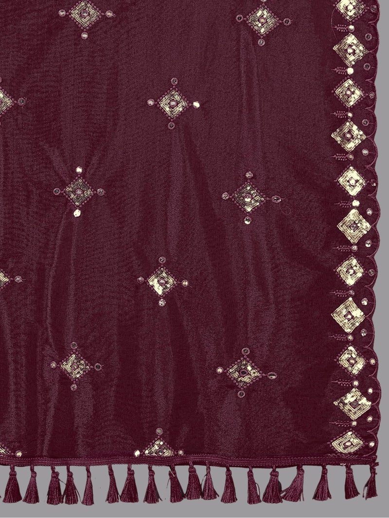 KEMZA Organza Embroidered Mirror Work Dupatta with Lace & Tassels Border for Women & Girls (Wine, Free size) - Image 5
