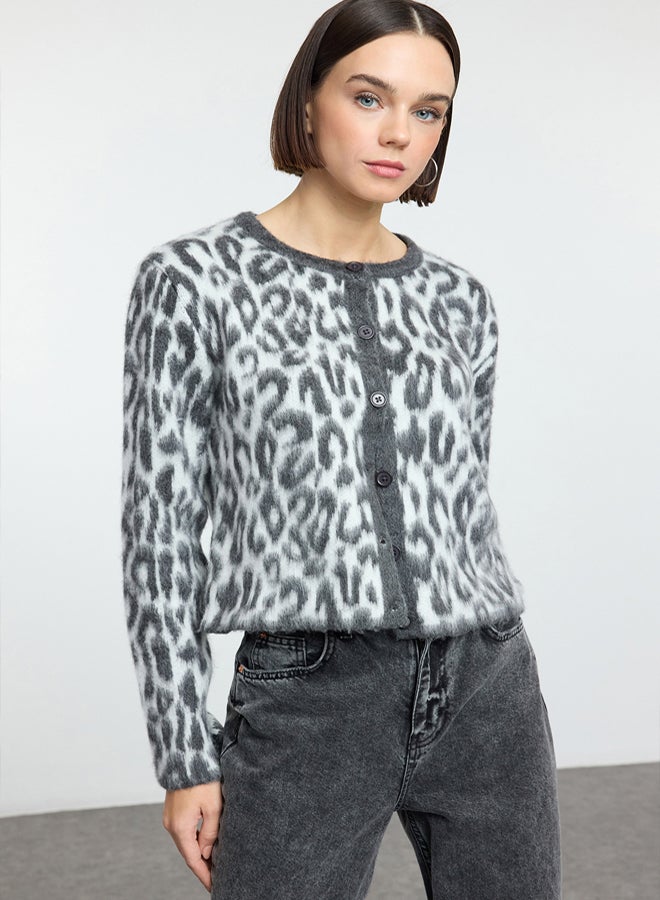 trendyol Anthracite Leopard Patterned Knitwear Cardigan - Image 1