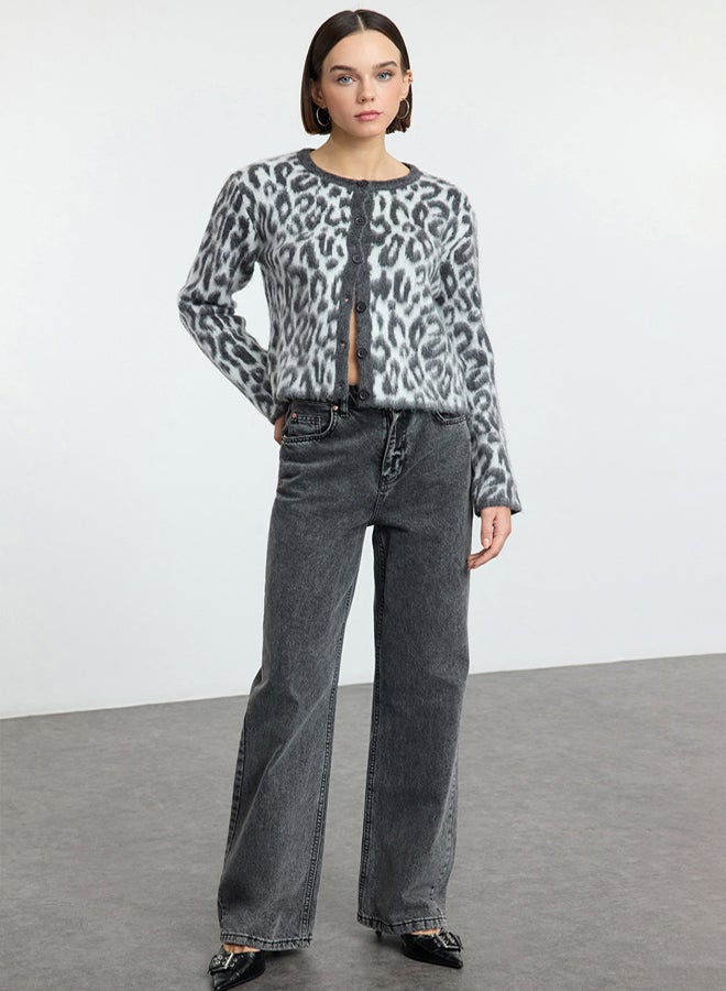 trendyol Anthracite Leopard Patterned Knitwear Cardigan - Image 2