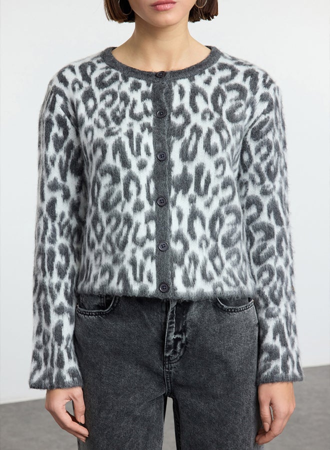 trendyol Anthracite Leopard Patterned Knitwear Cardigan - Image 3
