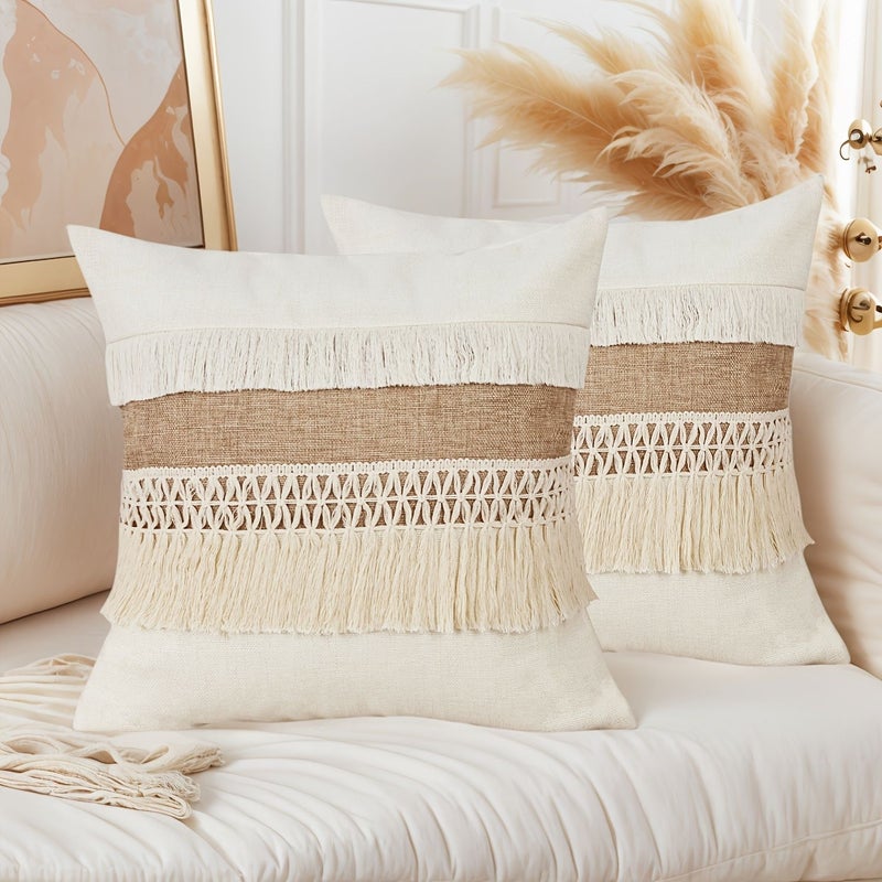 Khaki Bohemian Double Layer Tassel Patchwork Pillow Covers Set Of Two - Image 1