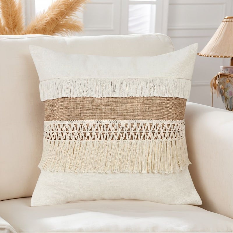 Khaki Bohemian Double Layer Tassel Patchwork Pillow Covers Set Of Two - Image 2