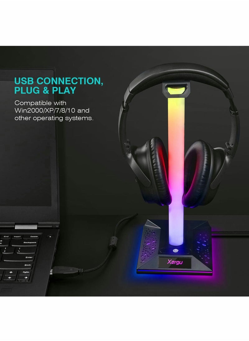 RGB Gaming Headphone Stand with 3.5mm AUX and 2 USB Ports, Perfect Headset Holder for Gamers and Desktop Accessories - Image 1