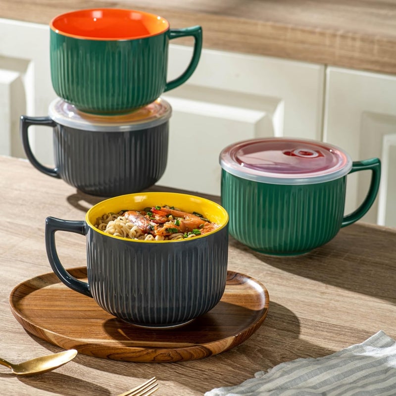 Hoilse Oversized 38oz Soup Bowl with Handle Large Wide Ramen Bowl with Lid Jumbo Soup mugs Containers for Ramen Instant Noodle Pastas Oatmeals Microwave and Dishwasher Safe  Gray - Image 3