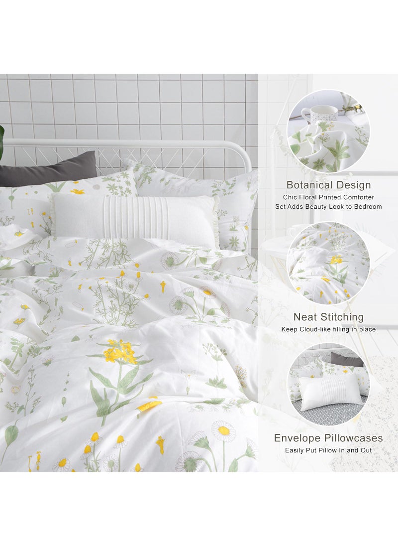 EAVD EAVD Yellow Floral Full Comforter Set White Soft Microfiber Chic Garden Floral Leaves Botanical Bedding Set 1 Floral Comforter with 2 Pillowcases for All-Season  - Image 3