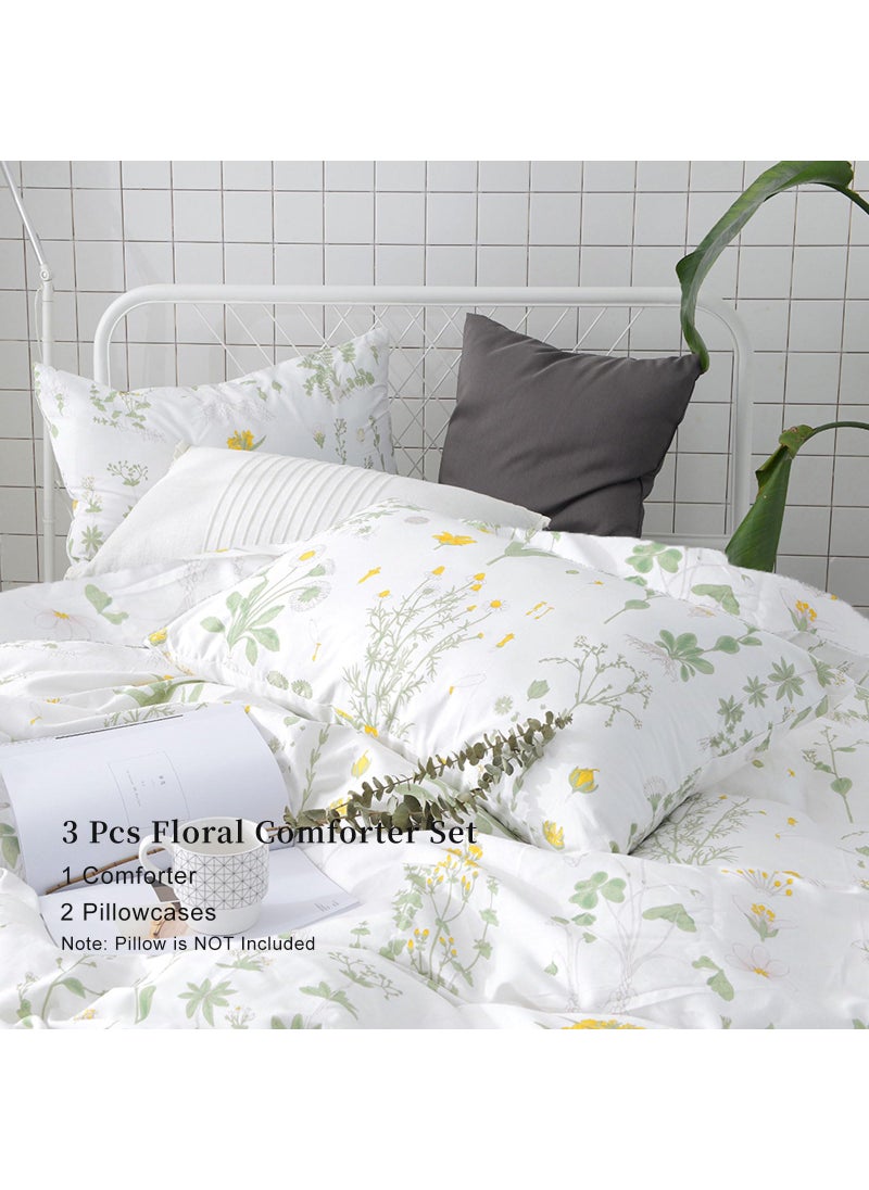 EAVD EAVD Yellow Floral Full Comforter Set White Soft Microfiber Chic Garden Floral Leaves Botanical Bedding Set 1 Floral Comforter with 2 Pillowcases for All-Season  - Image 4