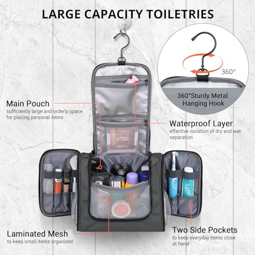 WITZMAN Toiletry Bag for Men Large Hanging Multi-Organization Bathroom Bag Water-Resistant Dopp Kit Shaving Bag Men(B690 Grey) - Image 4