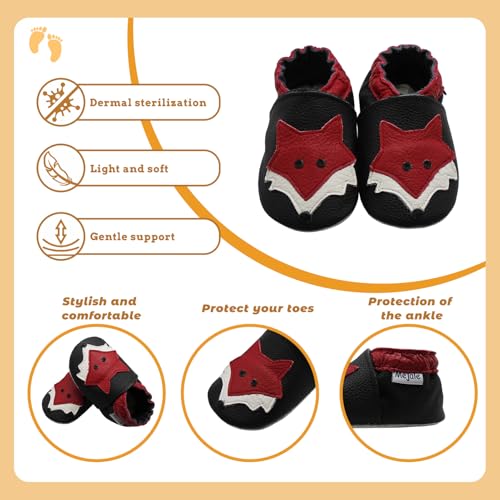 Mejale Baby Shoes Soft Sole Leather Crawling Moccasins Cartoon Fox Infant Toddler First Walker Slippers(24-36 Months, Black) - Image 4