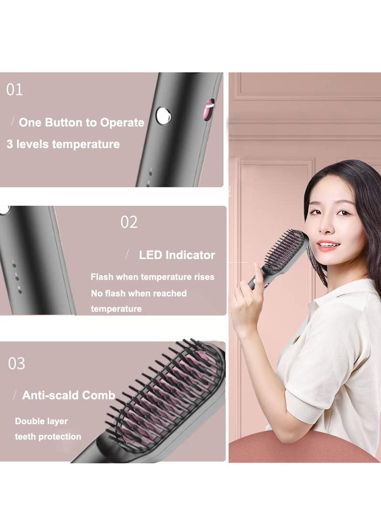 Excefore Hair Straightening Brush, Cordless with 3 Levels Adjustable Temp, Auto-Off Anti-Scald Travel Curler Styler Type C Hair Straightener Comb,Black - Image 2
