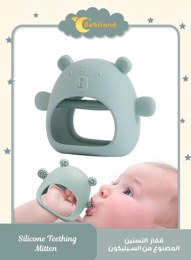بيبي لاند لعبة عضاضة تسنين، مصنوعة من السيليكون على شكل دب للاطفال بعمر 0-12 شهر، بتصميم قفاز مضاد للسقوط، خالية من BPA للاطفال البنات والاولاد الذين يحتاجون الى تخفيف الام اللثة (أخضر) - Image 1