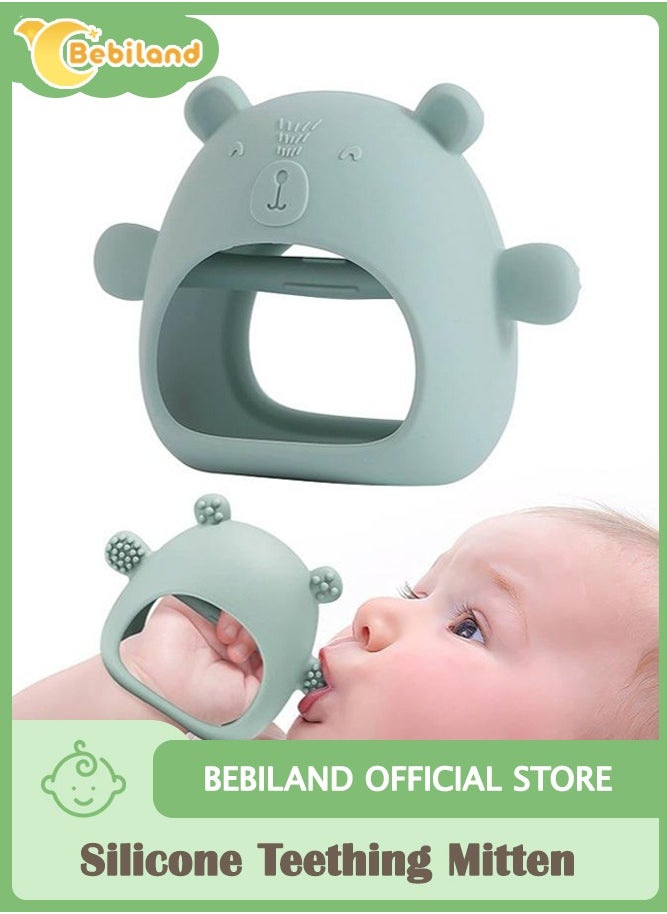 Bebiland Silicone Teething Mitten with Cute Bear Shape, BPA-Free and Anti-Drop Teether Toy for Baby Soothing Teething Pain Relief, Green  - Image 1