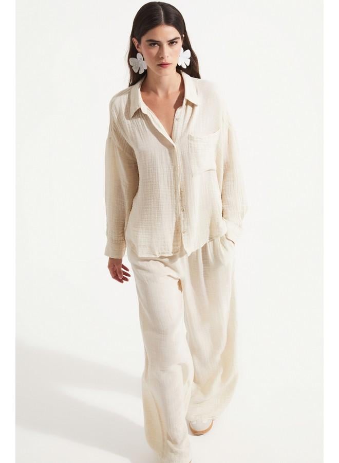 جون بنطلون نسائي قطن 100% بخصر مطاطي من جوني - لون إكرو - Image 3