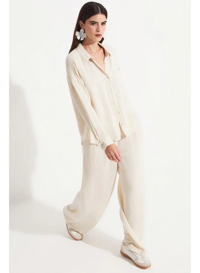 JUNE June Women Elastic Waist 100% Cotton Trouser Ecru