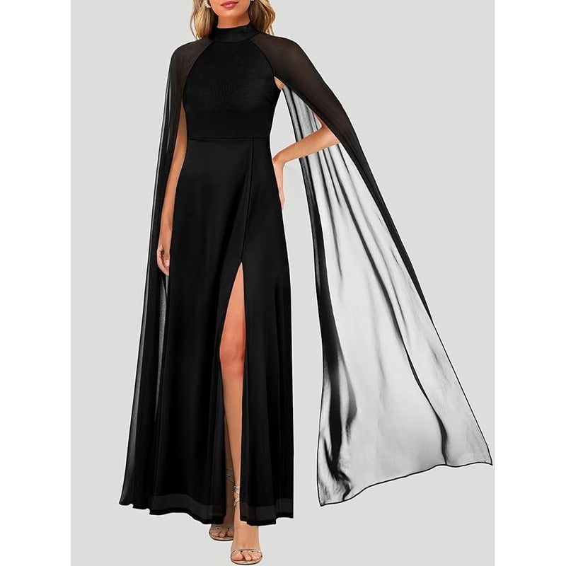 Lrady Women's Summer Wedding Guest Dress Halter Neck Sexy Split Cocktail Party Maxi Long Formal Dresses with Cape - Image 3