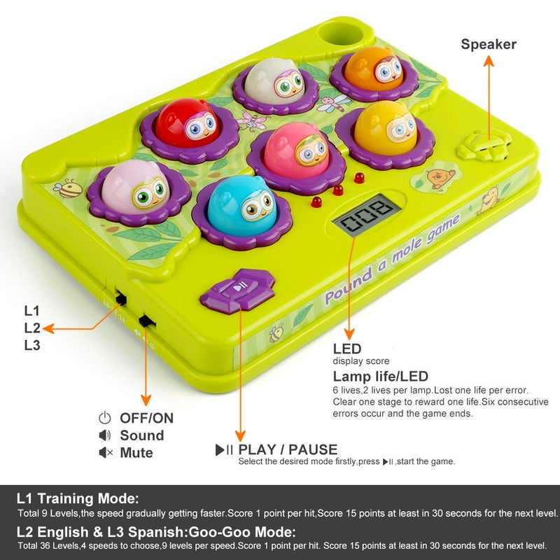 BAODLON Interactive Pound a Mole Game, Toddler Toys, Light-Up Musical Pounding Toy, Early Developmental Toy, Fun Gift for Age 3, 4, 5 Years Old Kids, Boys, Girls, 2 Soft Hammers Included - Image 2